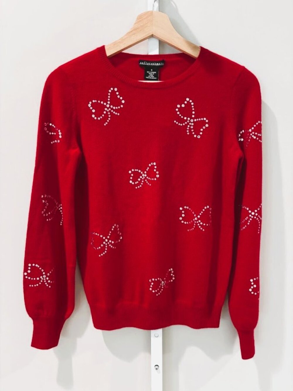 NWT Sofia Cashmere Red Bow Sweater 100% Cashmere Rhinestone Embellished Small